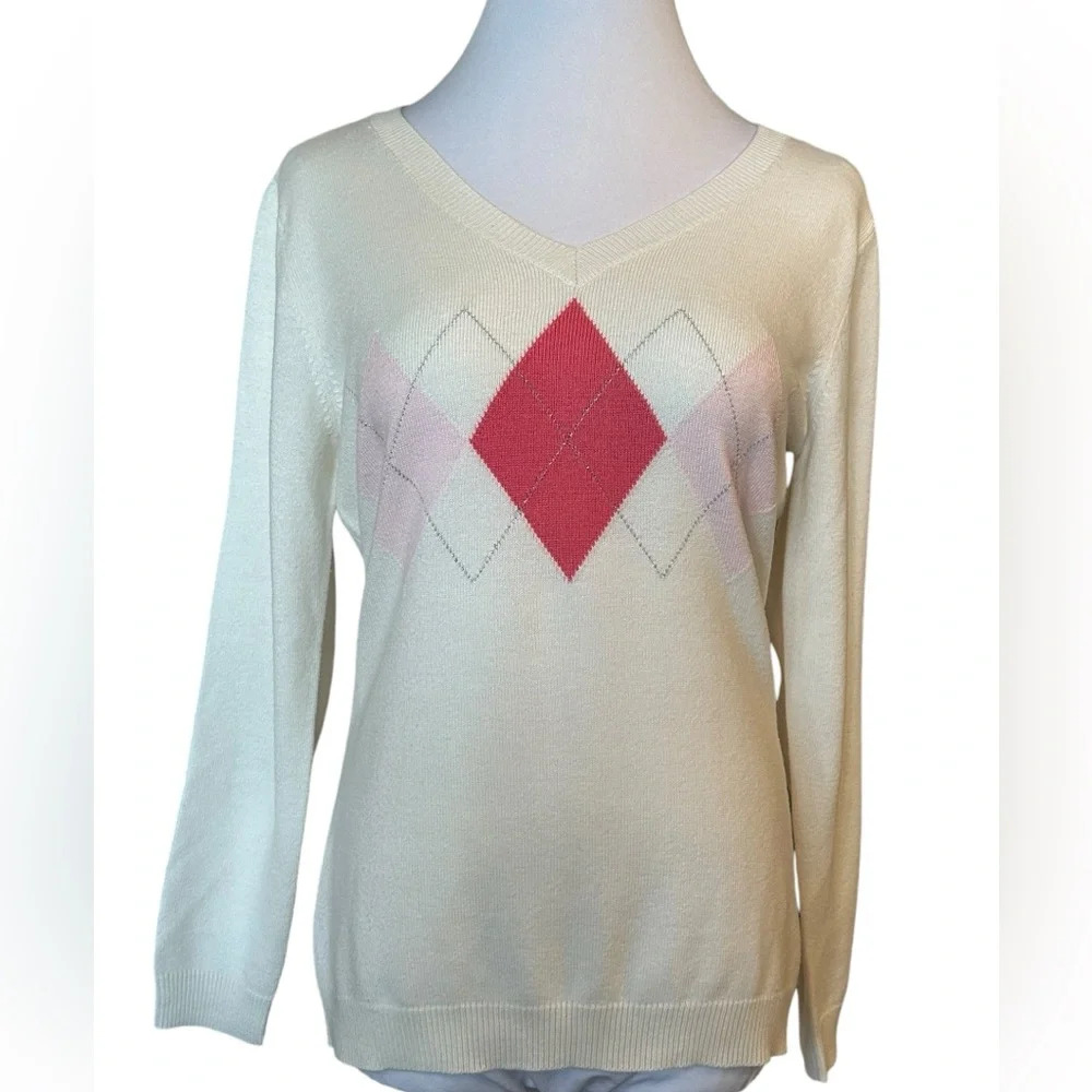 New York & Company Ivory & Pink Lightweight V-neck Argyle Sweater - Picture 2 of 5
